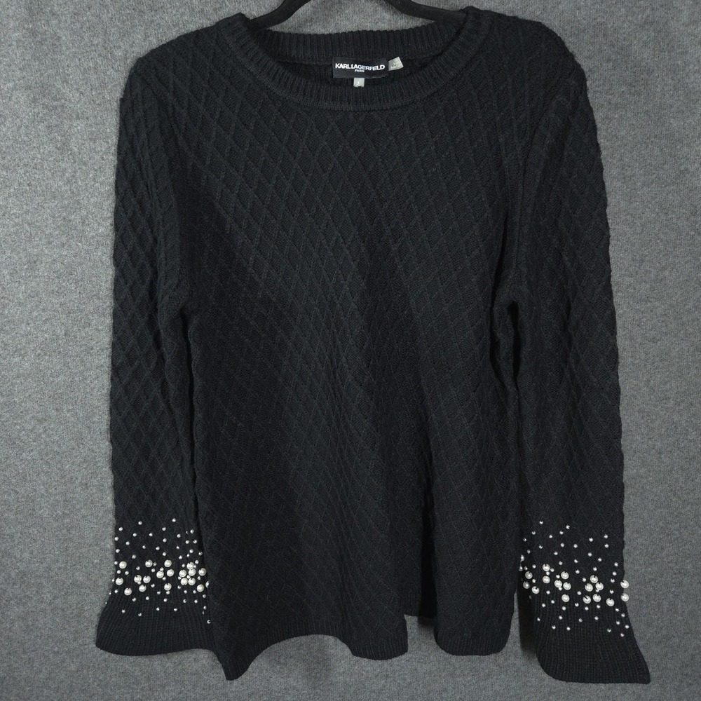 Karl Lagerfeld Paris‎ Black Diamond Knit Pearl Embellished Sweater Womens Size S